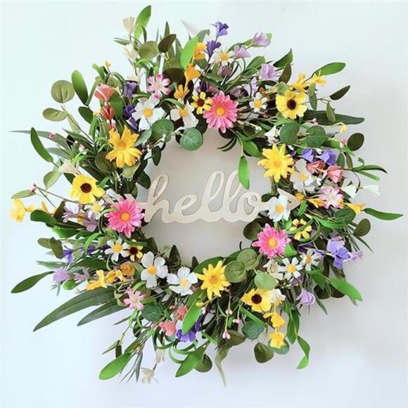 Spring Wreaths for Front Door, 22 Inch Eucalyptus Wreath with Hello Sign - Picture 7 of 7